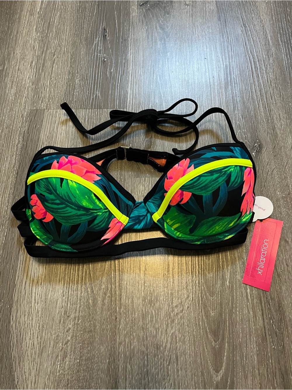 Xhilaration Tropical Floral Push-Up Bikini Top in Black and Neon Colors